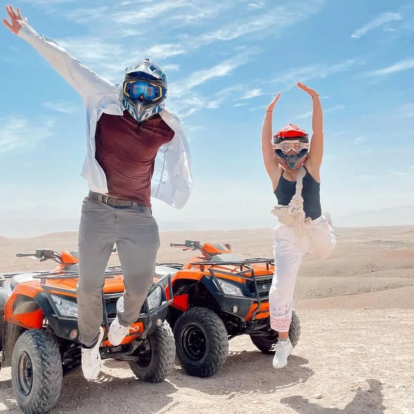 Explore rocky dunes near Marrakech on an exciting Agafay Desert quad tour. Thrilling adventure through Agafay Morocco terrain with professional guides and safety equipment. Desert hills and sandy paths of Agafay used for quad tours Marrakech