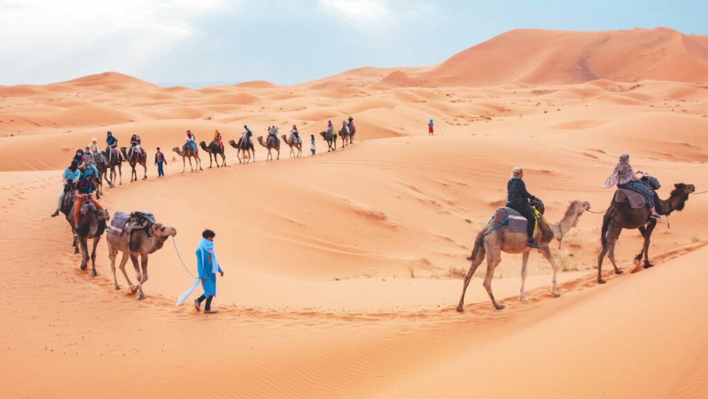 Tourists riding camels across golden sand dunes during a Sahara desert tour in Merzouga, Morocco