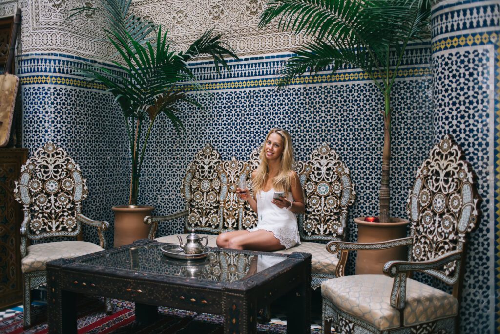 Luxury Morocco vacation tours accommodation featuring traditional riads with ornate Islamic tile work and peaceful courtyards