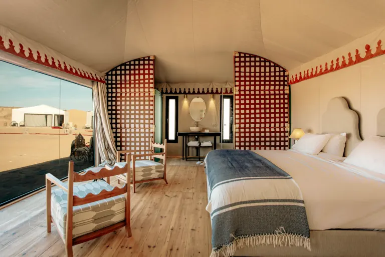 Inside a luxury tent at an Erg Chebbi desert camp