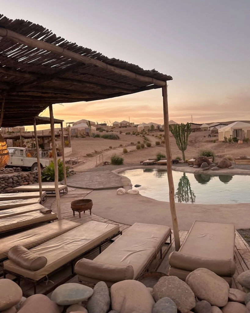 Agafay Desert Day Trip with Lunch & Pool Access Luxury Agafay desert camp lounge with scenic views