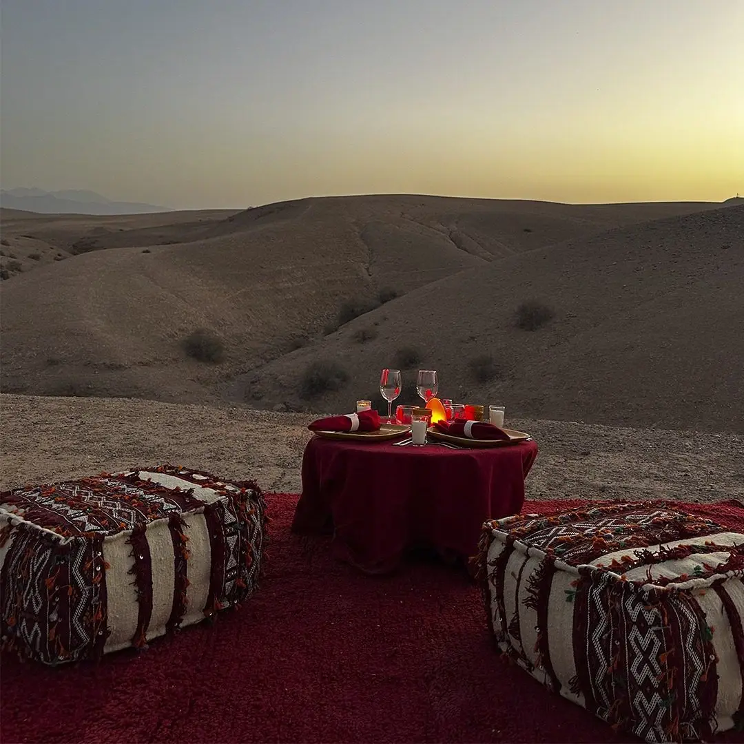 Agafay Desert Quad & Camel Ride with Luxury Dinner Show 6 Desert camp sunset view in Agafay Morocco