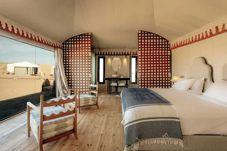 Inside a luxury tent at an Erg Chebbi desert camp