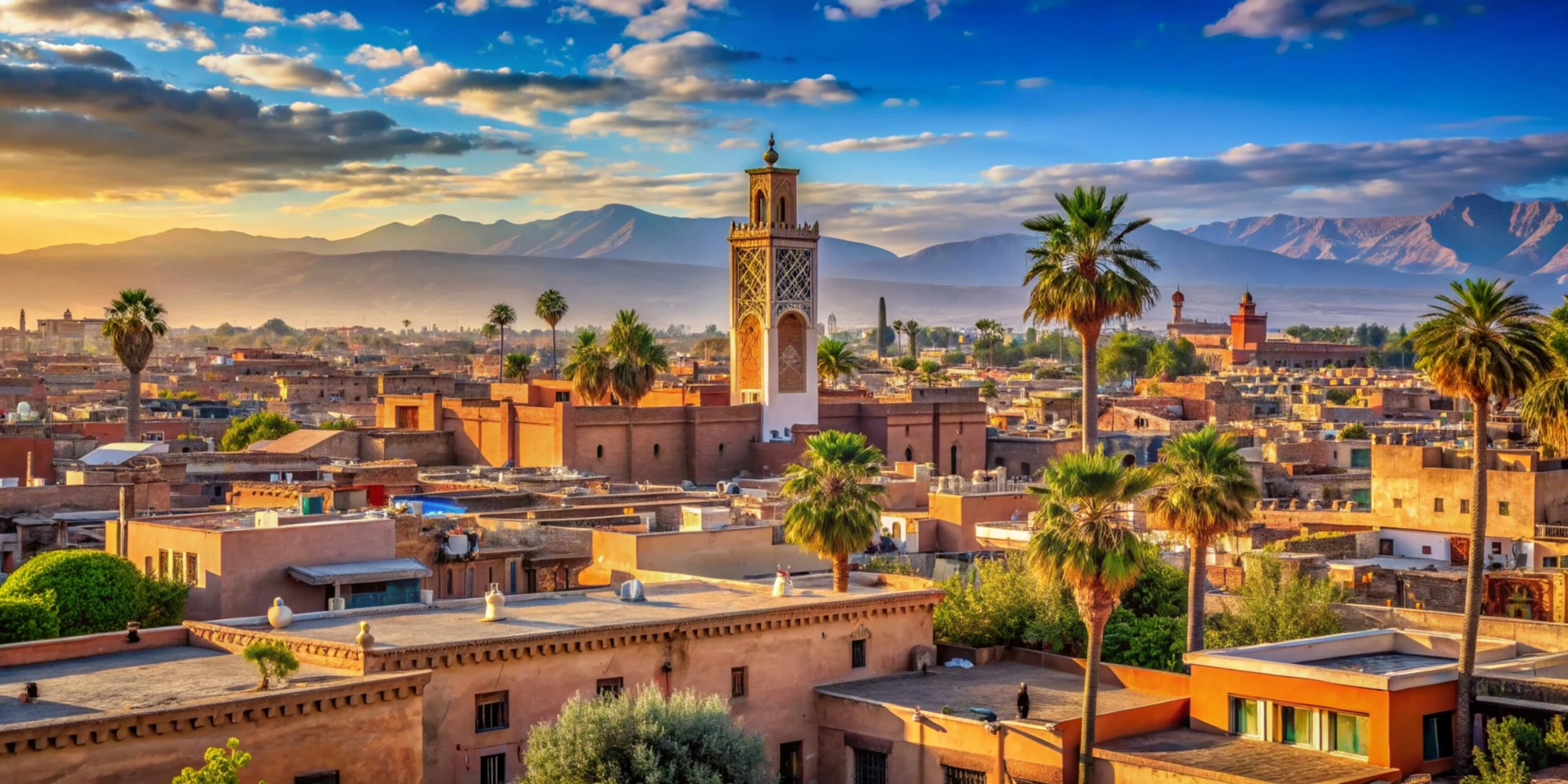 Jemaa el-Fna square in Marrakech glowing at sunset on a warm September evening