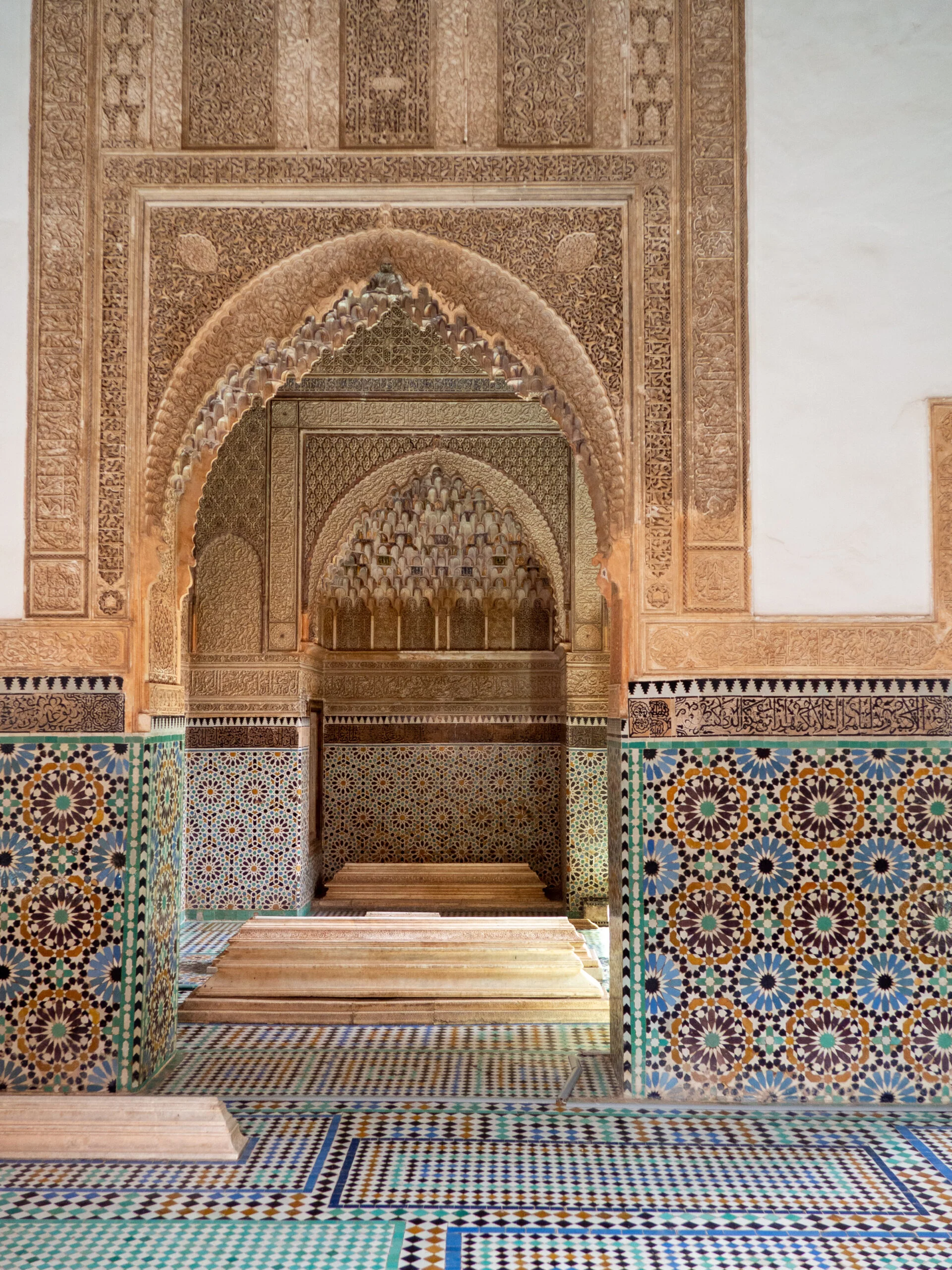 Top 25 Instagrammable Spots in Morocco (2026 Visual Guide) 3 Intricate zellige tilework and carved columns inside the Saadian Tombs in Marrakech