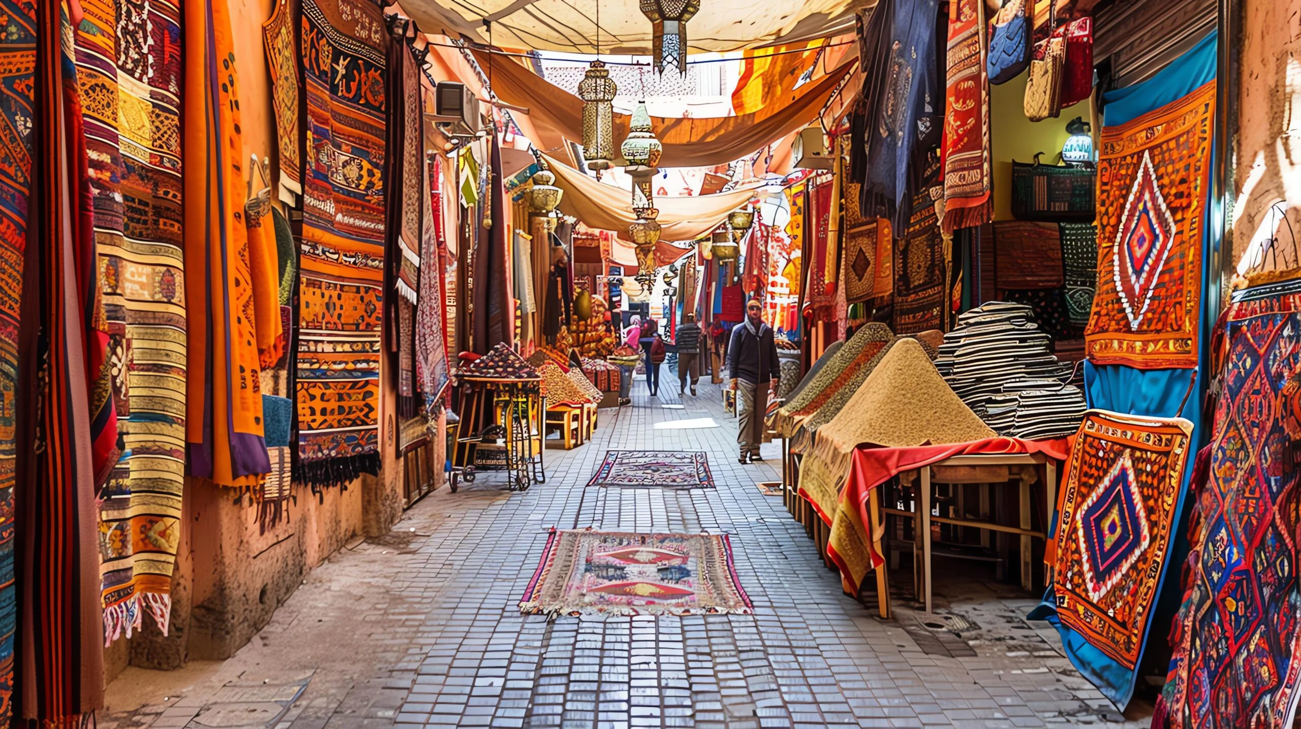 How Much Does a Trip to Morocco Cost? A Real 2026 Budget Breakdown 6 Bustling Moroccan souk marketplace with colorful textiles and spices on display