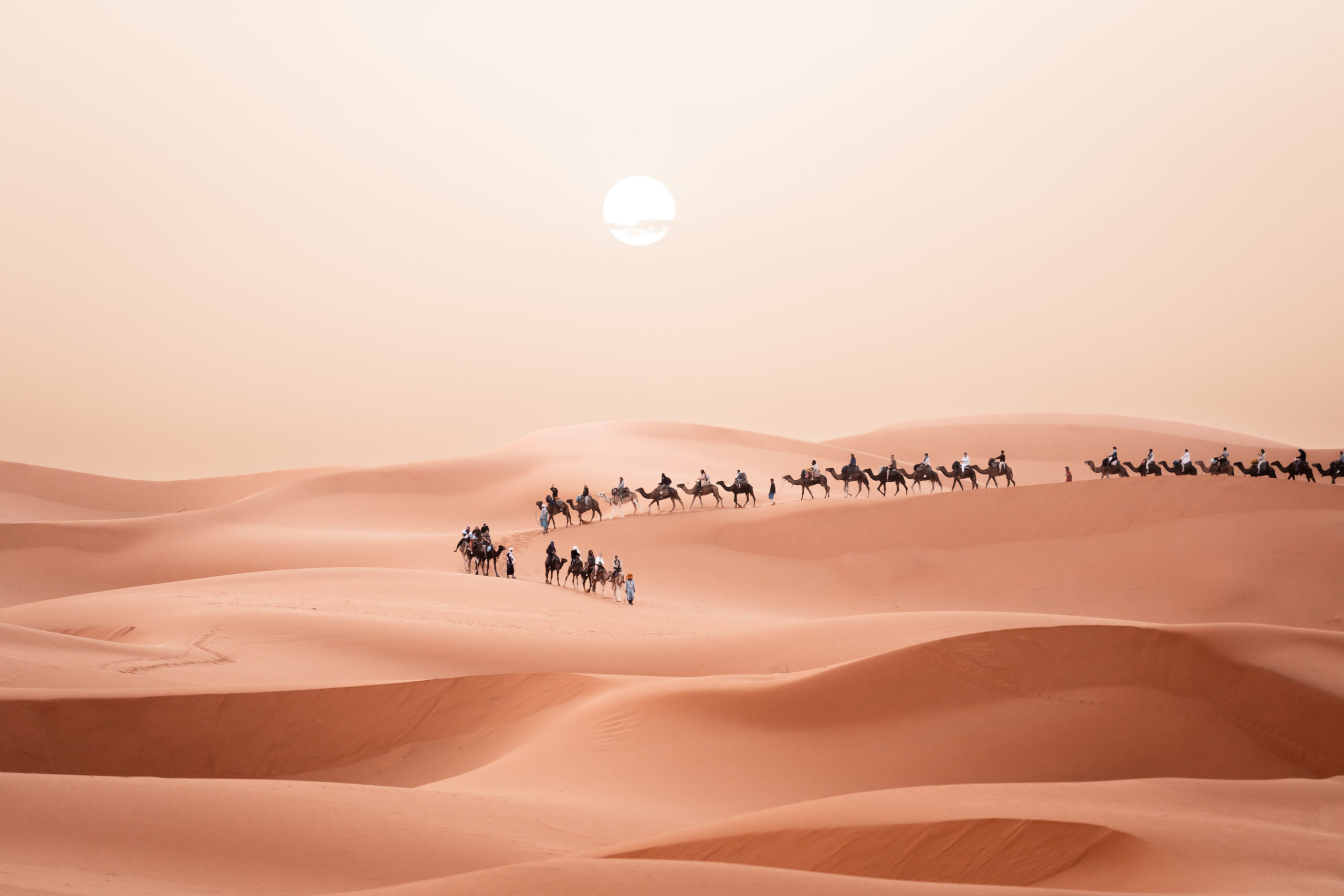 Camel caravan crossing the Merzouga dunes under a hazy Sahara sun