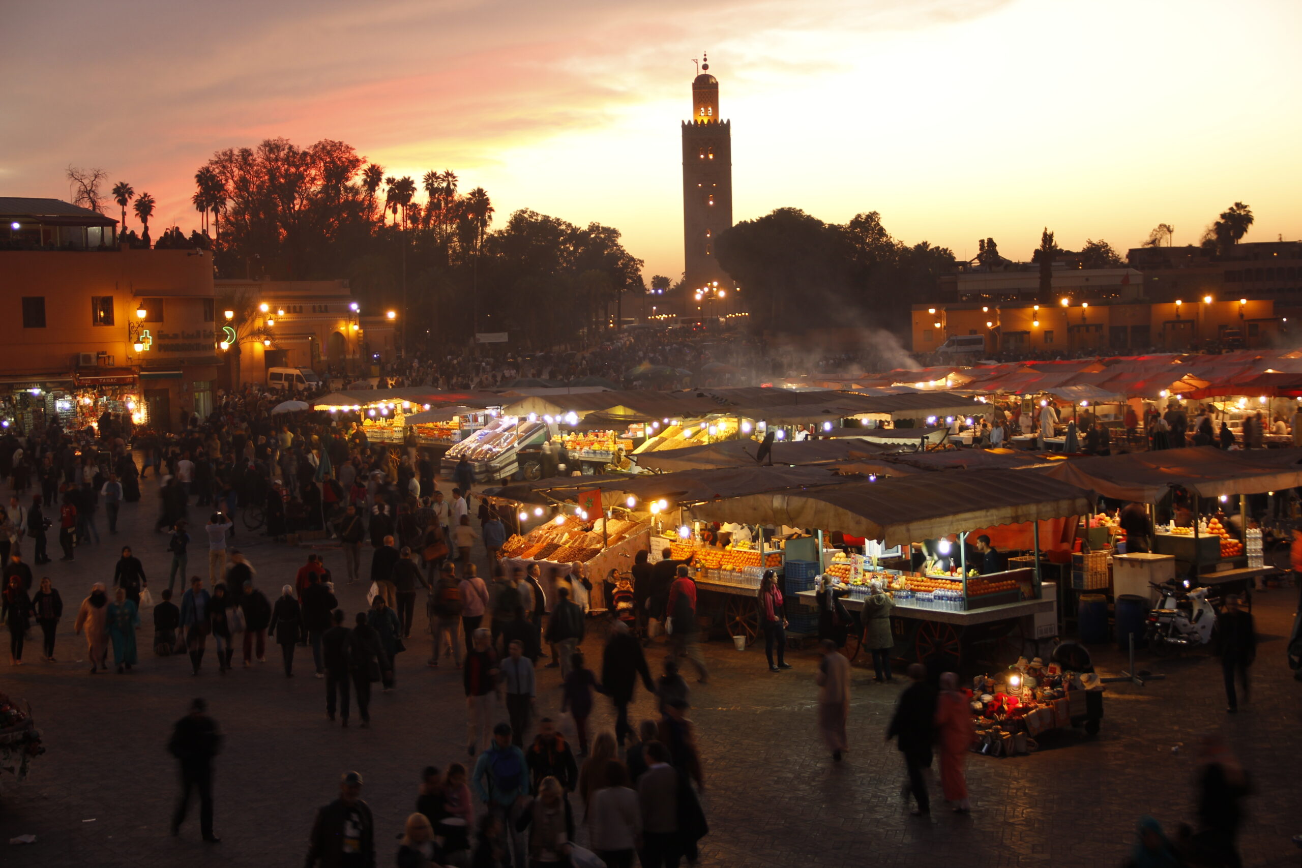Blog 1 Aerial view of the Jemaa el-Fnaa night market and food stalls in Marrakech at dusk