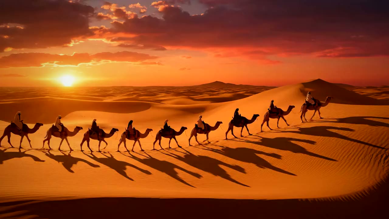A camel caravan crossing the Sahara dunes at sunset, the opening shot of the Moratra film
